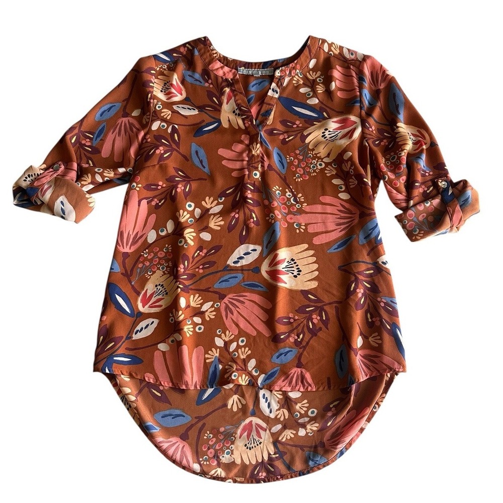 Daniel Rainn Floral Roll Tab Sleeve Blouse Top Size Petite Small Brown‎ Rust